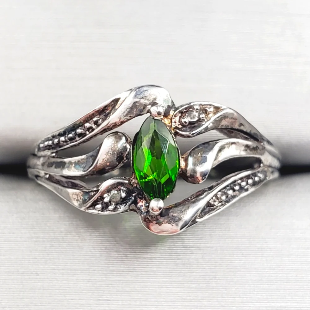 Genuine Green Marquise Chrome Diopside Siberian Emerald 925 Sterling Silver Ring